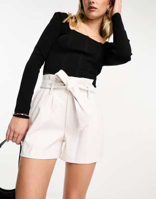 Miss Selfridge Entry Faux Leather Belted Short In Ivory-white