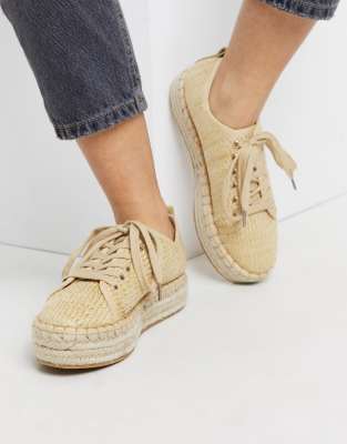 Miss Selfridge espadrille trainers in beige-White