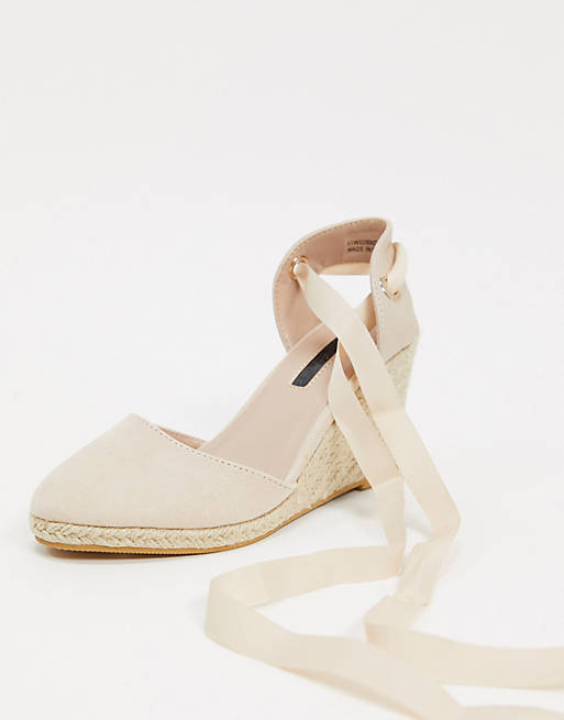 Miss Selfridge espadrille wedges with tie ankle in sand | ASOS
