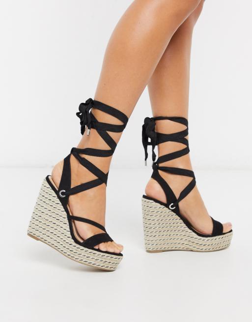 Miss Selfridge - Espadrilles met sleehakken en veters in zwart |