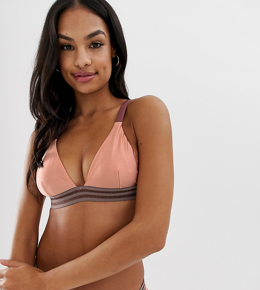 Miss Selfridge Exclusive bikini top with contrast trim in pink-Tan