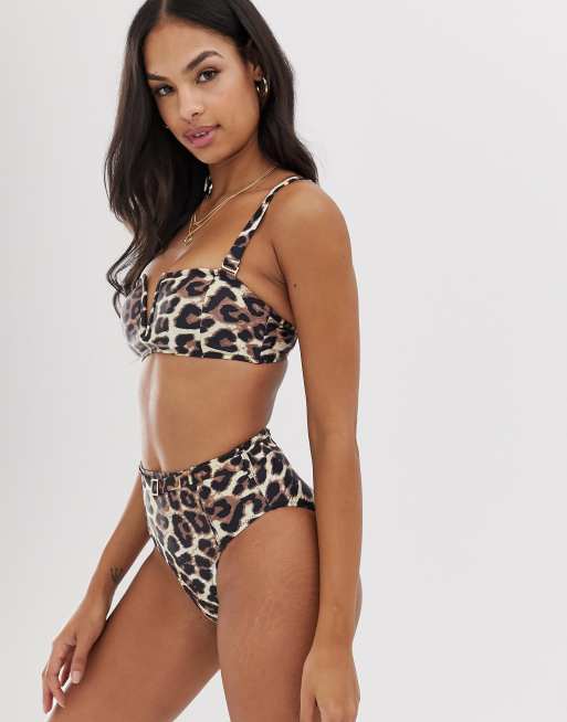 Miss Selfridge Exclusive bikini top with v wire in leopard print, 4 of 4