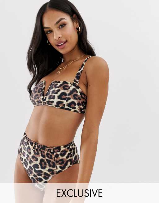 Miss Selfridge – Exclusive – Góra od bikini z fiszbinem w kształcie litery V i nadrukiem skóry lamparciej
