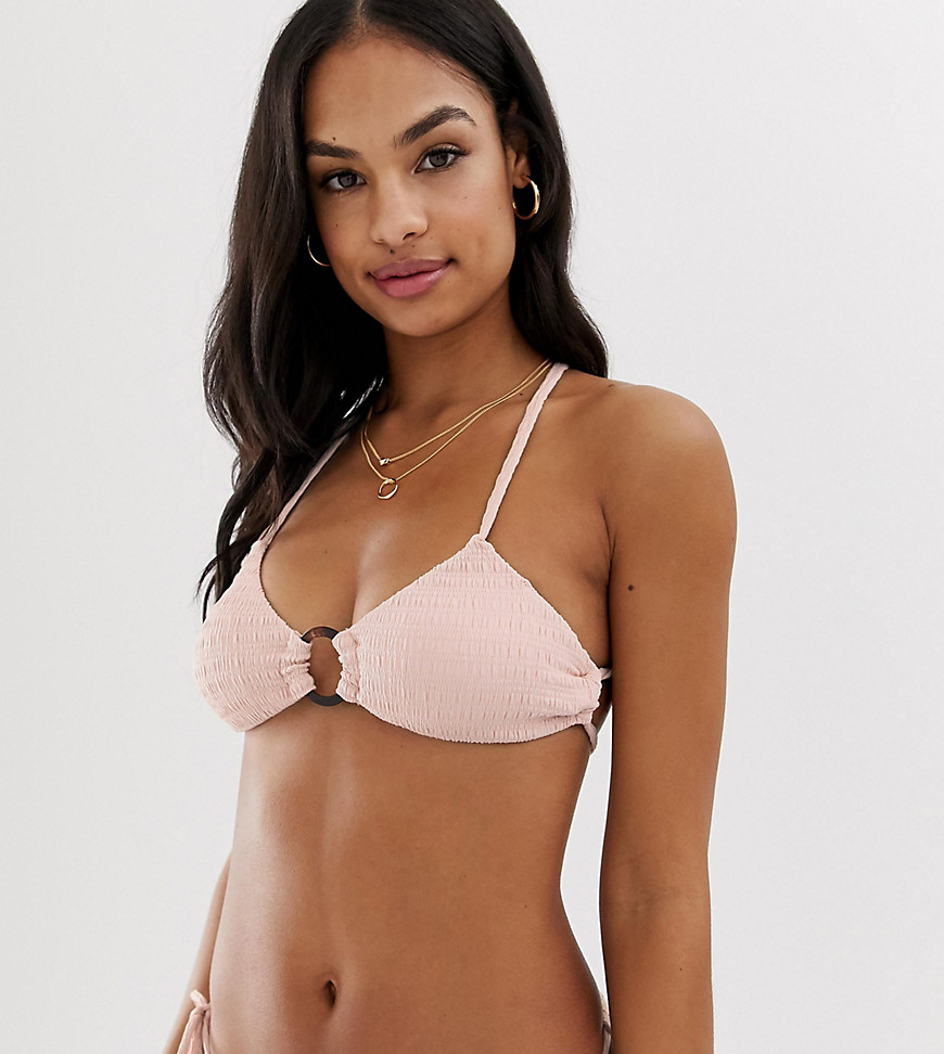 Miss Selfridge Exclusive textured bikini top with circle detail in pink