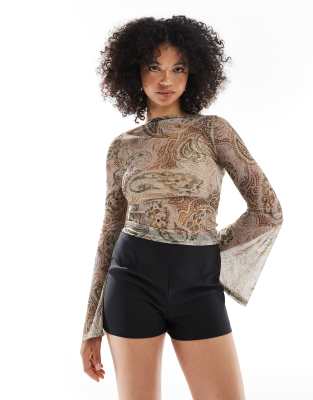 miss selfridge extreme flare sleeve 70s printed mesh long sleeve top