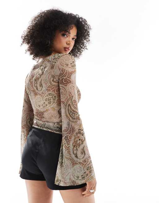 Miss Selfridge extreme flare sleeve 70s printed mesh long sleeve top, 4 of 4