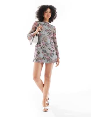 Miss Selfridge extreme flare sleeve 70s printed mesh mini dress-Multi