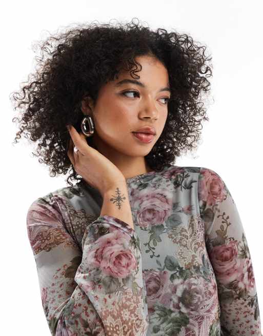 Miss Selfridge extreme flare sleeve 70s printed mesh mini dress | ASOS