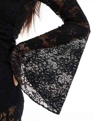 Miss Selfridge Extreme Flare Sleeve Lace Long Sleeve Top In Black