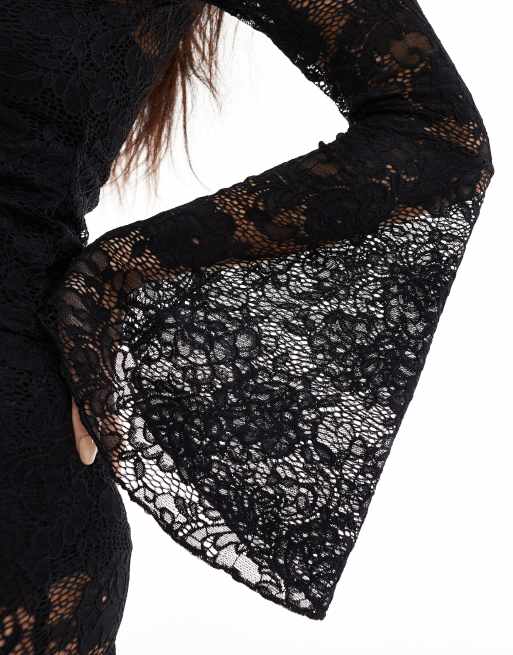 Miss Selfridge extreme flare sleeve lace long sleeve top in black, 2 of 4