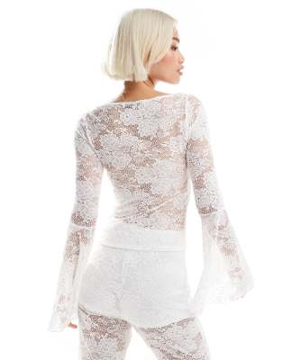 Miss Selfridge Extreme Flare Sleeve Lace Long Sleeve Top In White