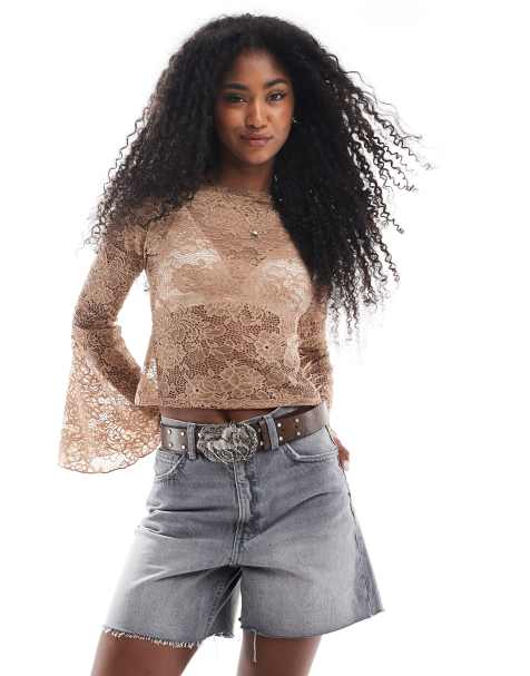 Miss Selfridge extreme flare sleeves lace long sleeve top in black - view 1