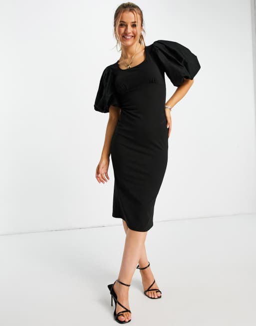 Miss Selfridge extreme puff sleeve midi dress in black