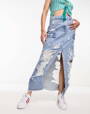 Miss Selfridge Extreme Ripped Denim Cargo Skirt In Light Wash Blue