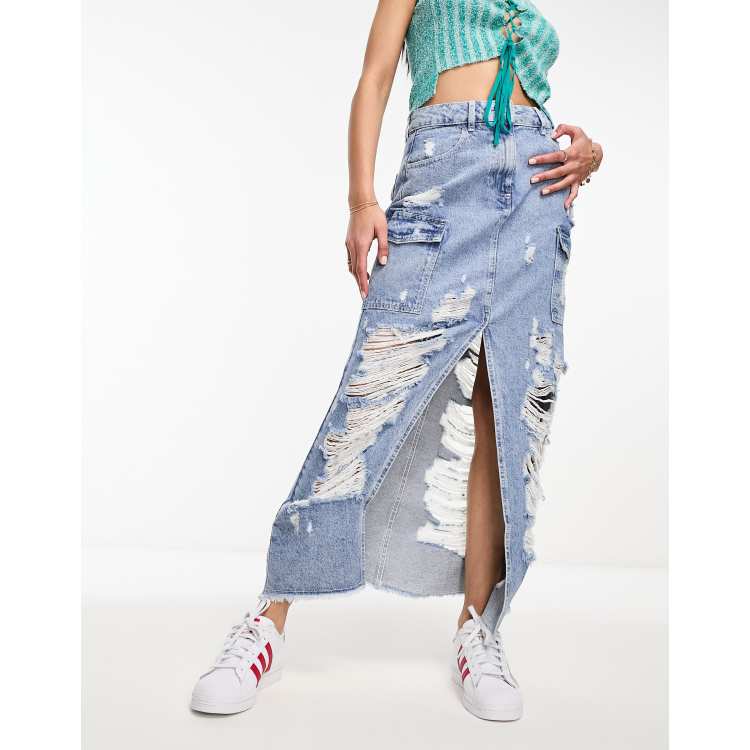 Miss Selfridge extreme ripped denim cargo skirt in light wash blue