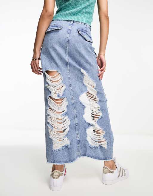 Light wash ripped denim skirt sale