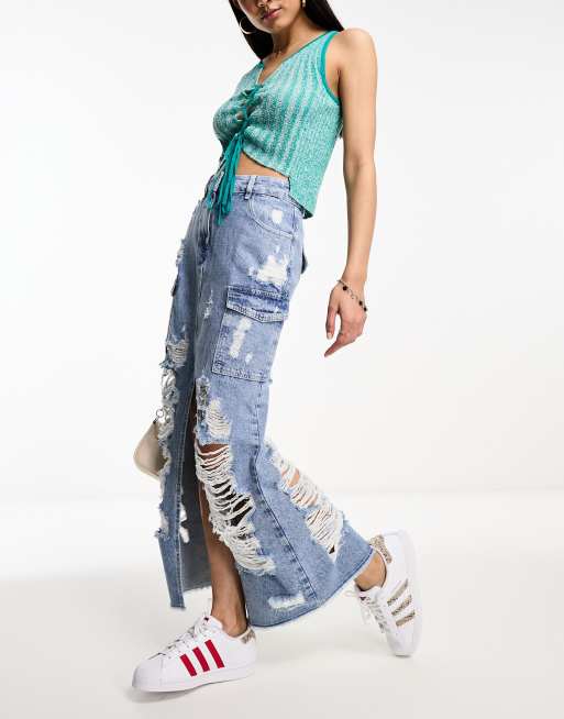 Light wash hotsell ripped denim skirt