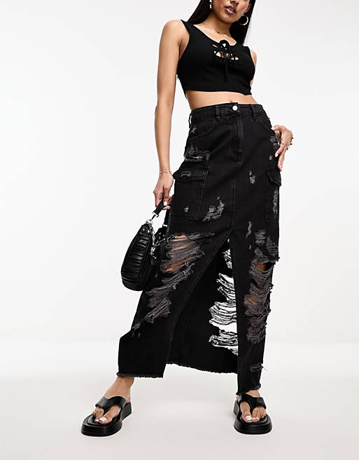 Miss Selfridge extreme ripped denim cargo skirt in washed black | ASOS