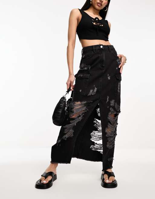 Miss Selfridge extreme ripped denim cargo skirt in washed black | ASOS