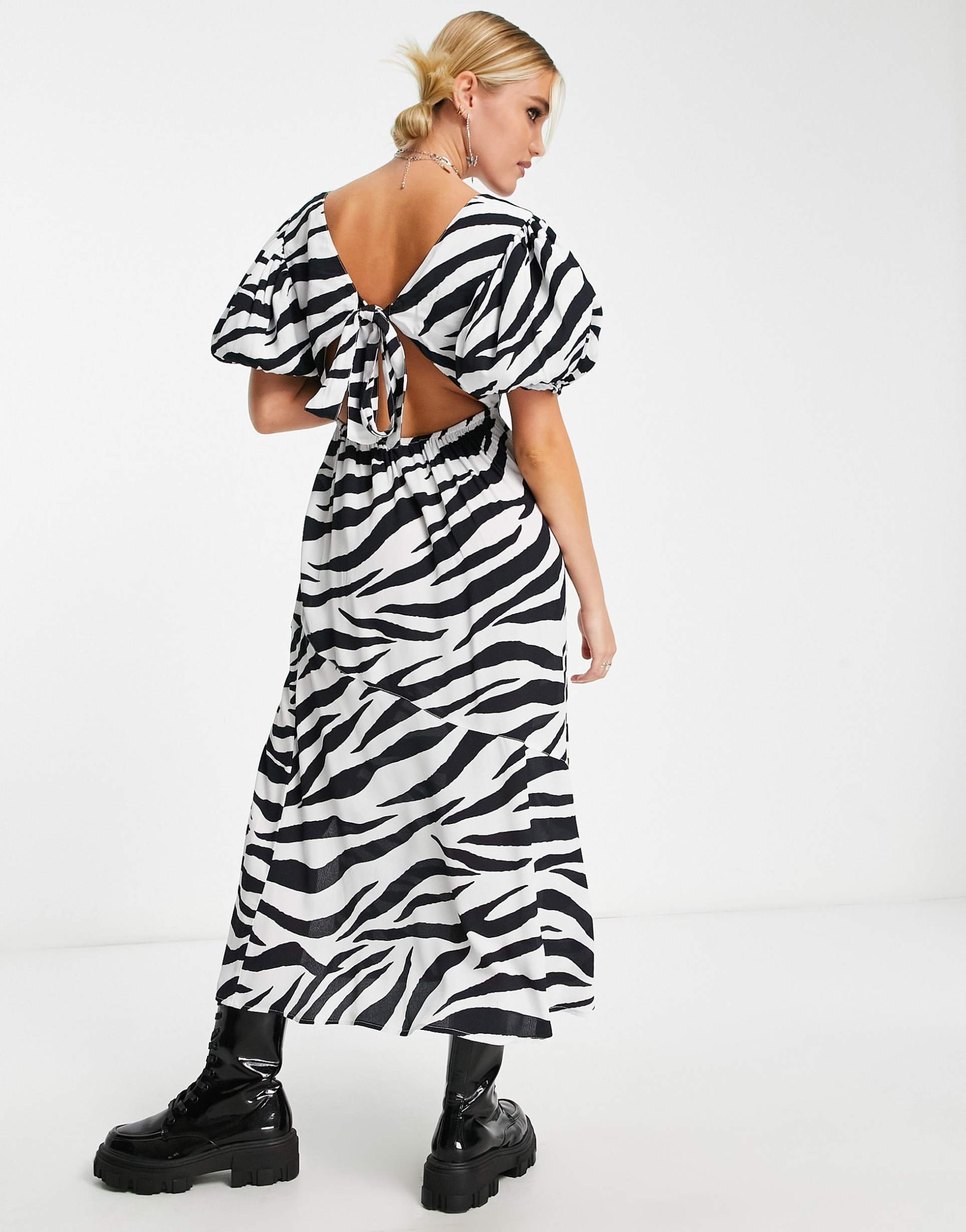 miss selfridge extreme volume sleeve bow back midi dress in mono zebra