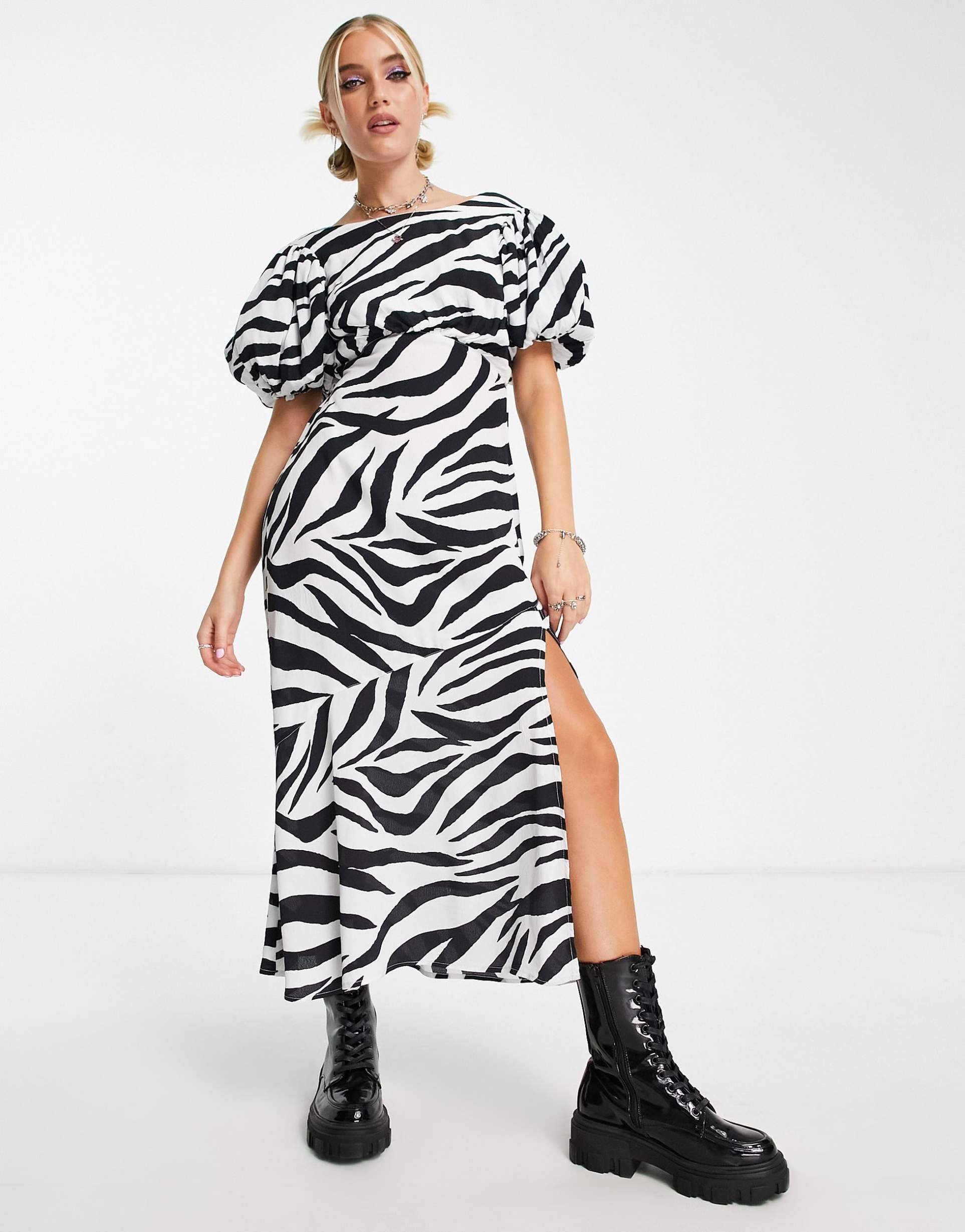 miss selfridge extreme volume sleeve bow back midi dress in mono zebra