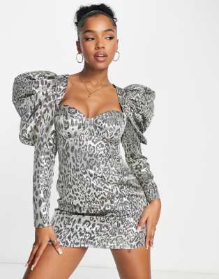 Miss Selfridge Extreme Volume Sleeve Jacquard Mini Dress With Long Sleeve In Animal Print-black