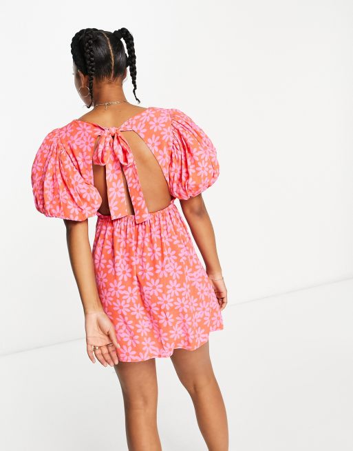 Miss Selfridge extreme volume sleeve mini tea dress in pink floral, 2 of 4