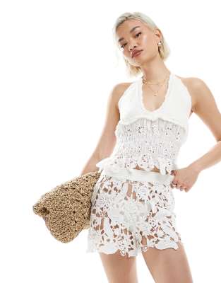 eyelet contrast crochet top in cream-White