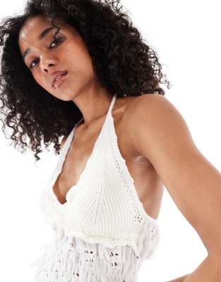 Miss Selfridge Eyelet Contrast Crochet Top In White