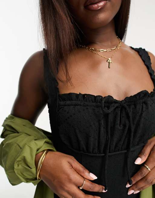 Miss Selfridge eyelet corset detail tie front swimsuit in black, 2 of 4