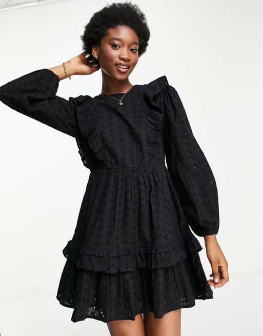 Miss Selfridge eyelet fit & flare mini dress in black | ASOS