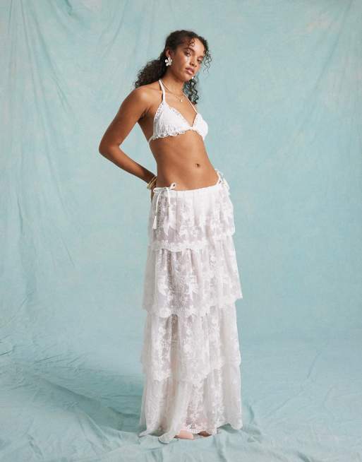 Miss Selfridge eyelet frill triangle bikini top in white, 2 of 4