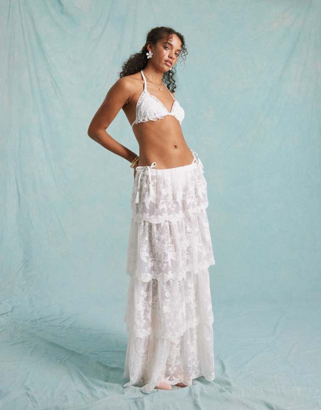 Miss Selfridge eyelet frill triangle bikini top in white | ASOS