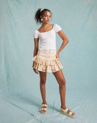 Miss Selfridge Eyelet Hem Contrast Denim Mini Skirt In Ecru-neutral
