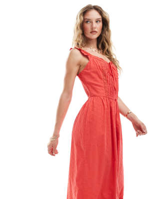 Miss Selfridge Eyelet Milkmaid Maxi Dress In Red