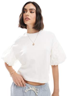 Shop Miss Selfridge Eyelet Puff Sleeve T-shirt In White