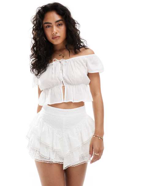 Miss Selfridge eyelet ruffle mini shorts in white - view 1