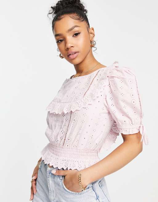 Miss Selfridge eyelet ruffle puff sleeve blouse in lilac