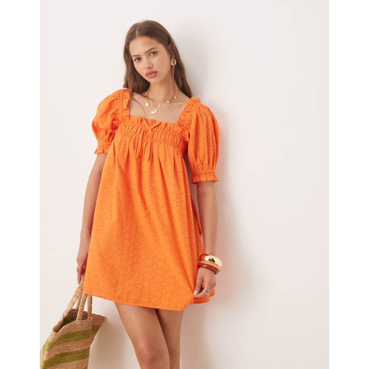 orange smock dress Sonata SS26 Polka Dot Smocked & Hair Bow ruffle trim HAOTAGS Girls Dresses,Cotton Blend Round