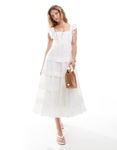 Miss Selfridge eyelet trim baby doll midi dress in white - view 1