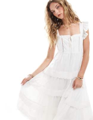 Miss Selfridge eyelet trim baby doll midi dress in white