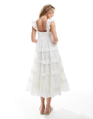 Miss Selfridge eyelet trim baby doll midi dress in white
