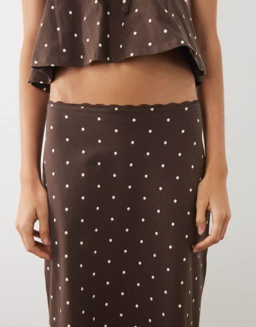 Miss Selfridge - Falda midi con estampado de lunares y ribete de encaje, 5 de 5