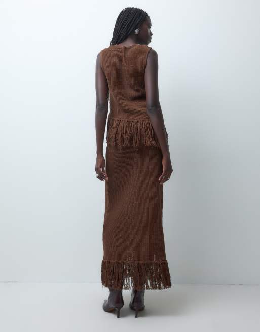 Miss Selfridge falda midi de punto con flecos en marrón chocolate, parte de un conjunto, 3 de 5