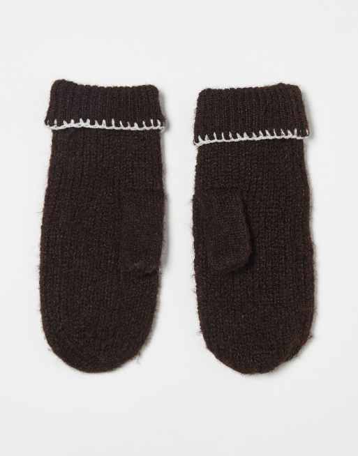 Miss Selfridge – Fäustlinge in Schokobraun mit Languetten-Stich in Creme