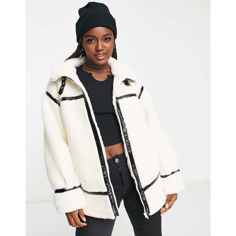 Miss Selfridge Petite Faux Fur Aviator Oversized Coat in Black