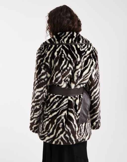 Miss Selfridge faux fur belted mid length coat in zebra ASOS