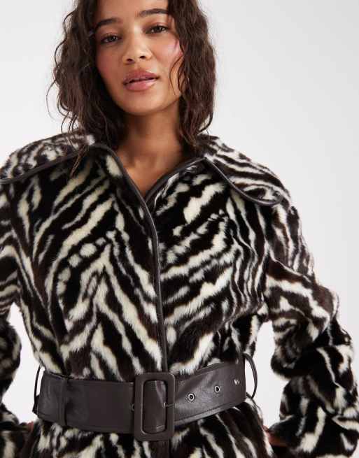 Miss Selfridge faux fur belted mid length coat in zebra, 3 of 4