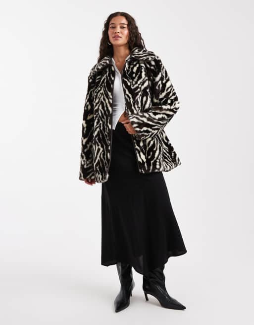 Miss Selfridge faux fur belted mid length coat in zebra, 4 of 4