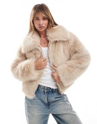 faux fur bomber jacket with collar in stone-White